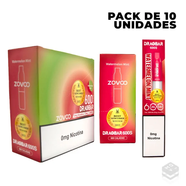 PACK 10 DISPOSABLES PODS WITHOUT NICOTINE DRAGBAR ZOVOO 600 S WATERMELON MINT VAPE