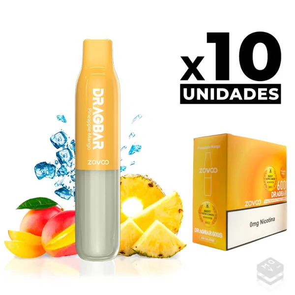 PACK 10 VAPERS DESECHABLES DRAGBAR 600 S PINEAPPLE MANGO SIN NICOTINA VOOPOO ZOVOO
